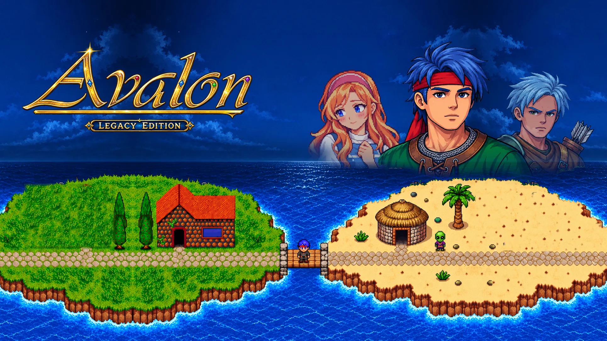 Avalon: Legacy Edition key art — Fleur, Mace and Caddman under a night sky, above the village and the alien village joined by a bridge where Mace stands.