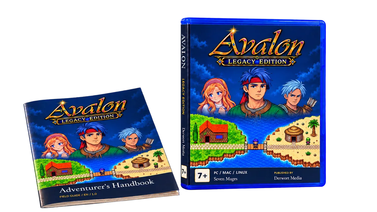 The boxed Avalon: Legacy Edition for PC, Mac and Linux, with its Adventurer's Handbook